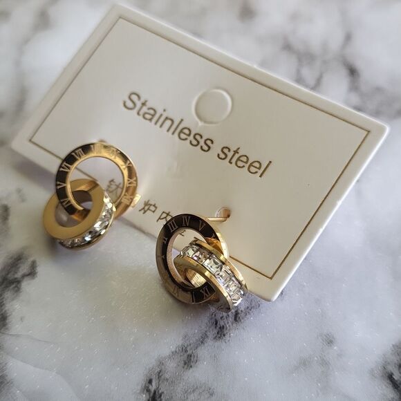 Round Letter Stainless Steel Plating Zircon Earrings - Picture 9 of 17